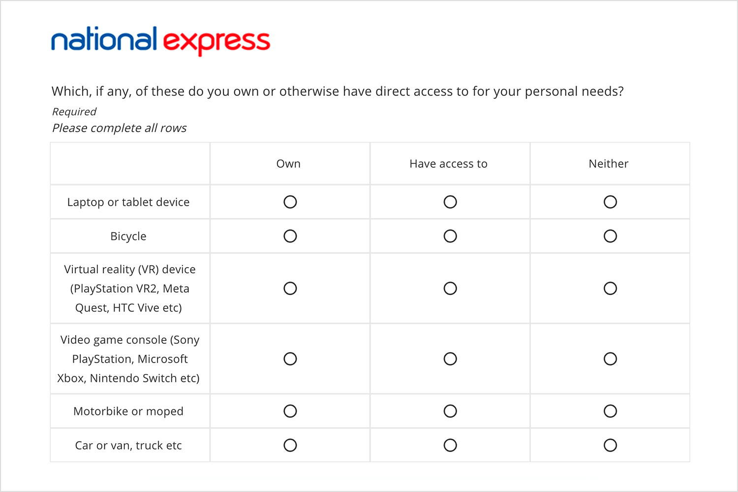 National Express survey question about device ownership