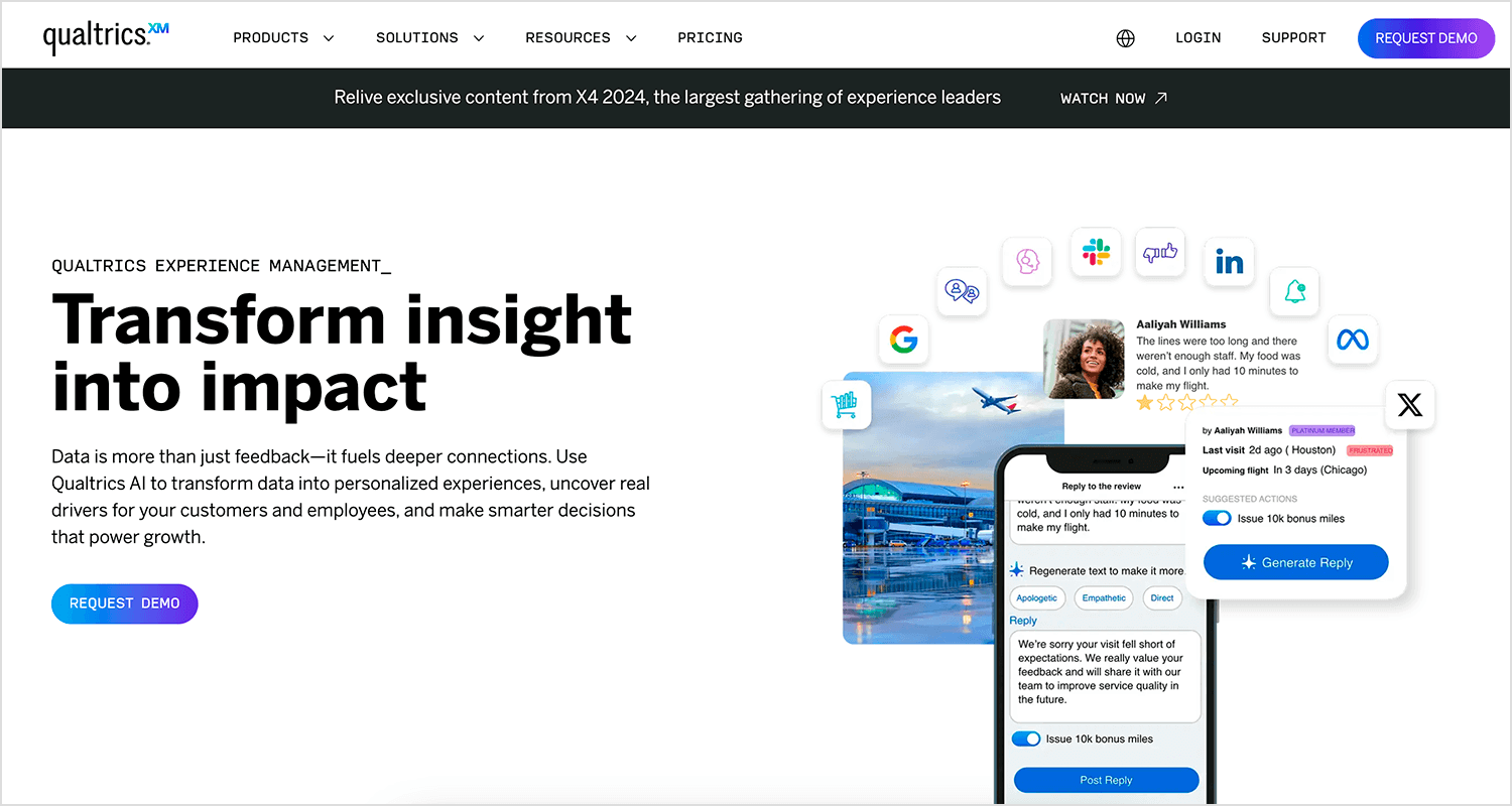 Qualtrics homepage promoting their experience management platform with a request demo button