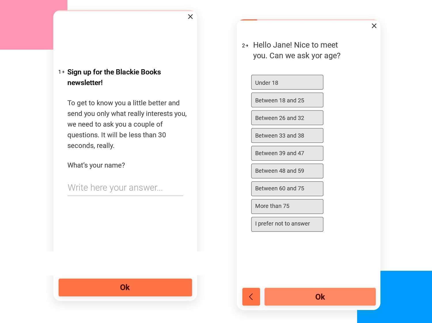 The Blackie Books mobile app survey design with a question about the user's name and age group.