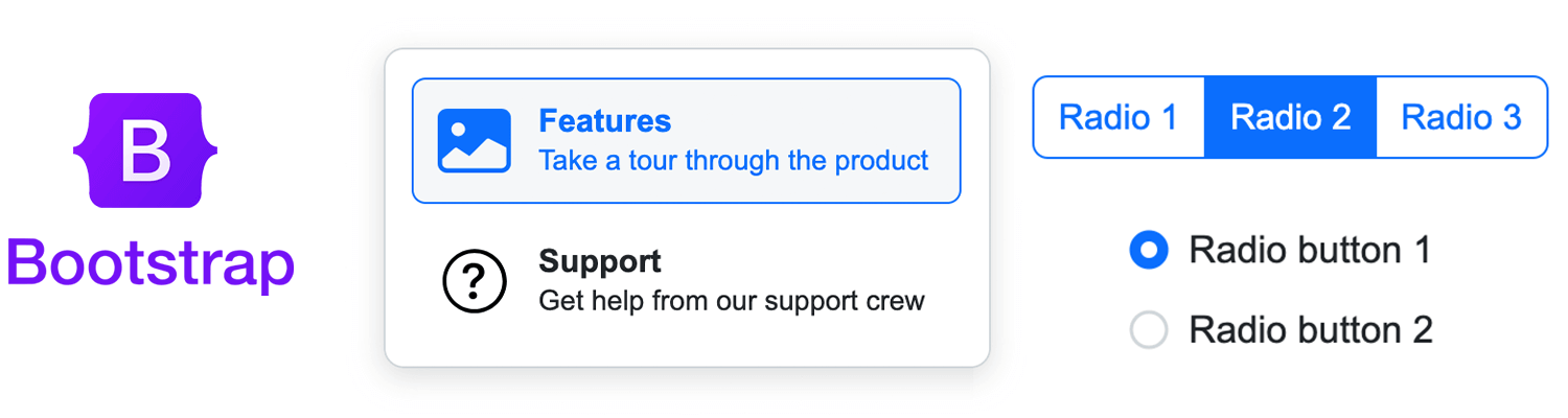 Bootstrap UI kit with card-style features, support sections, and radio button selection options