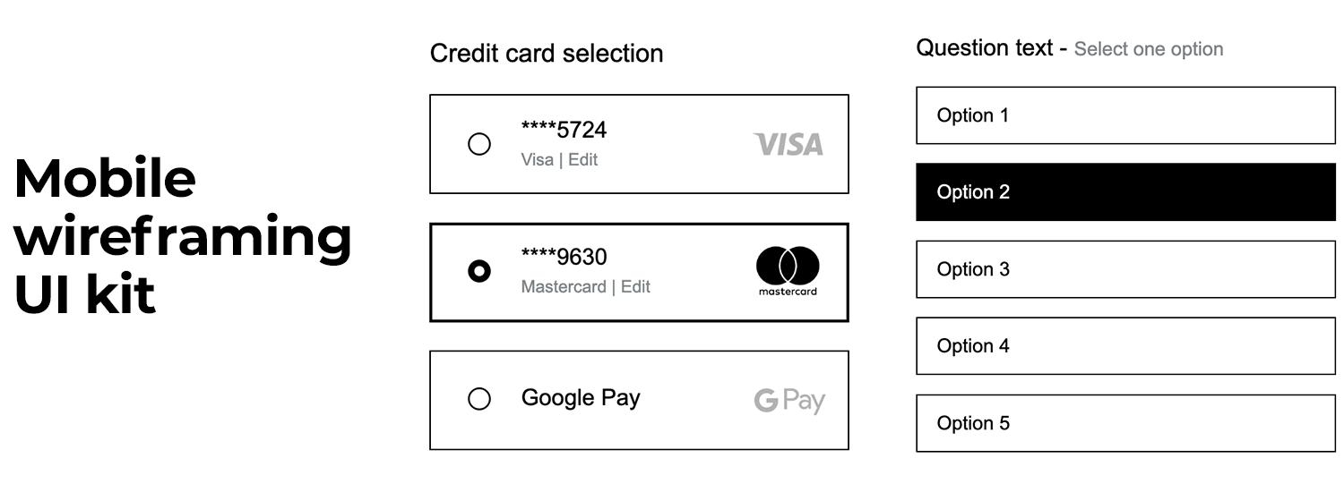 Mobile wireframing UI kit showing radio buttons for credit card selection and list options