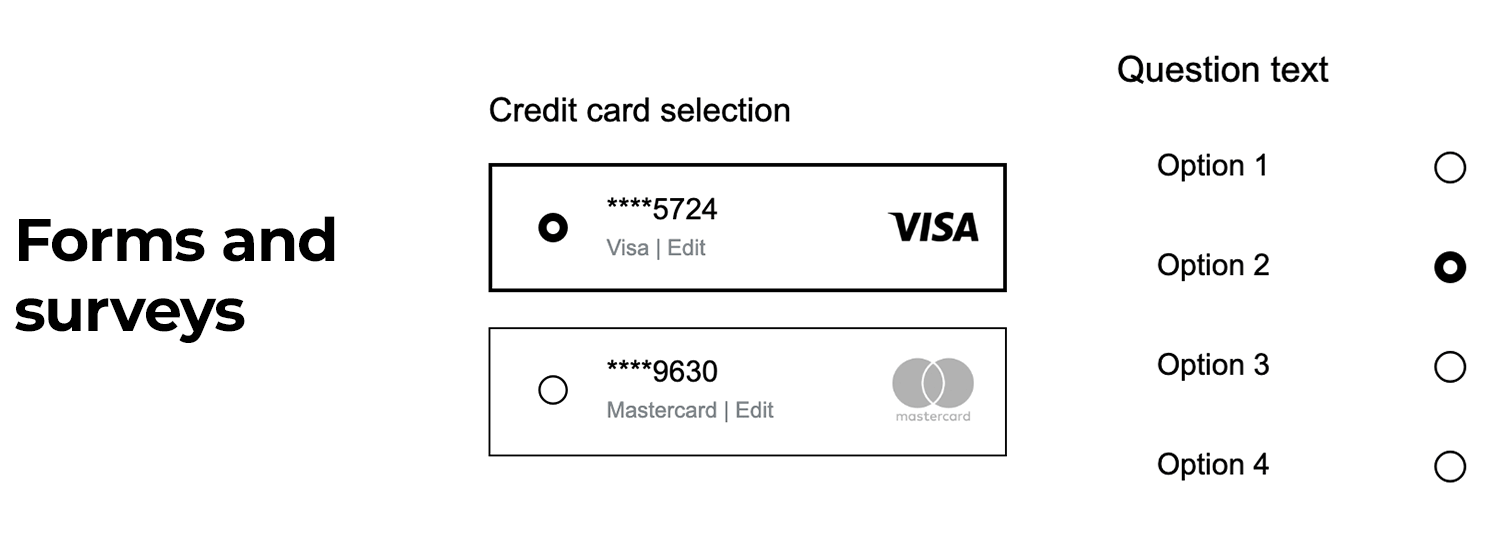 Forms and surveys UI kit with credit card selection and question options using radio buttons