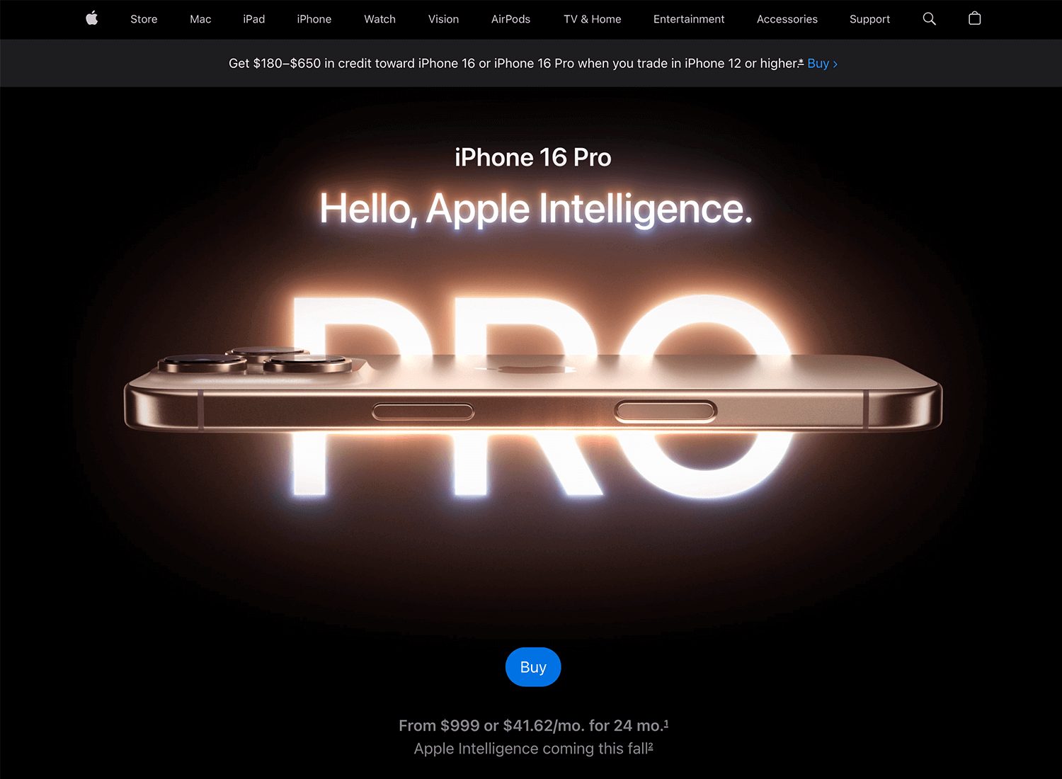 The Apple iPhone 16 Pro landing page uses sleek animations to emphasize the product's premium design