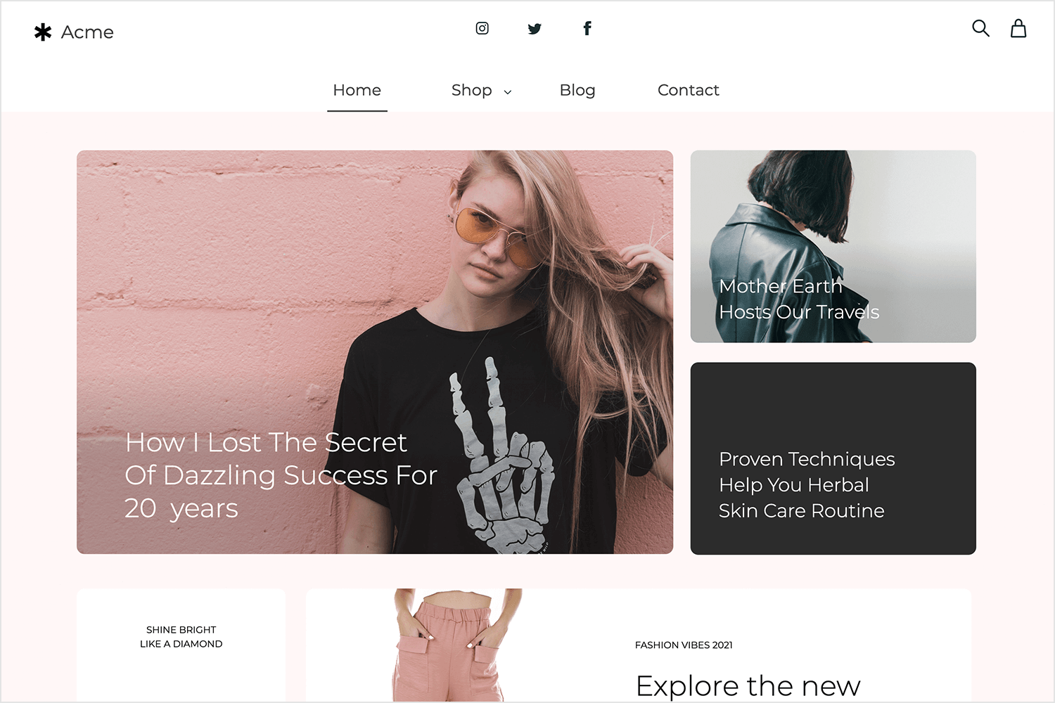 Fashion ecommerce website homepage with bold visuals, navigation bar, and featured content