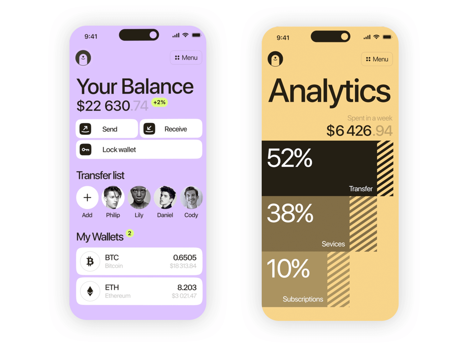 iOS app design showing cryptocurrency wallet balance and spending analytics