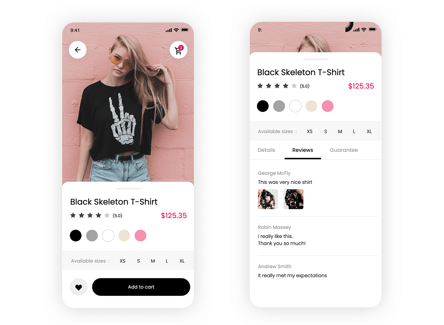 iOS app design for a fashion store featuring product details and reviews for a Black Skeleton T-Shirt