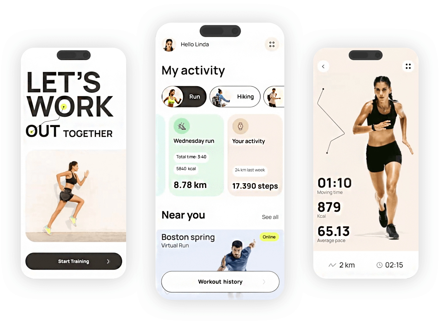 iOS app design displaying fitness activity tracking and workout progress