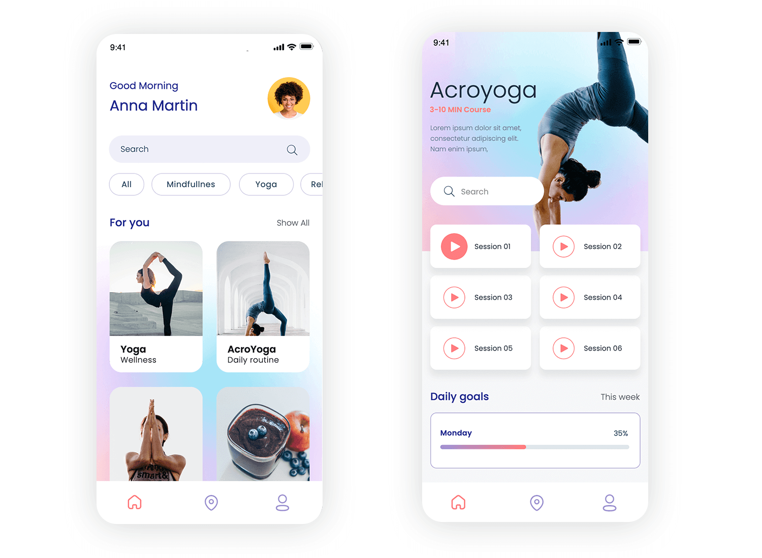 iOS app design for guided meditation and yoga sessions with user interface showcasing courses and daily goals