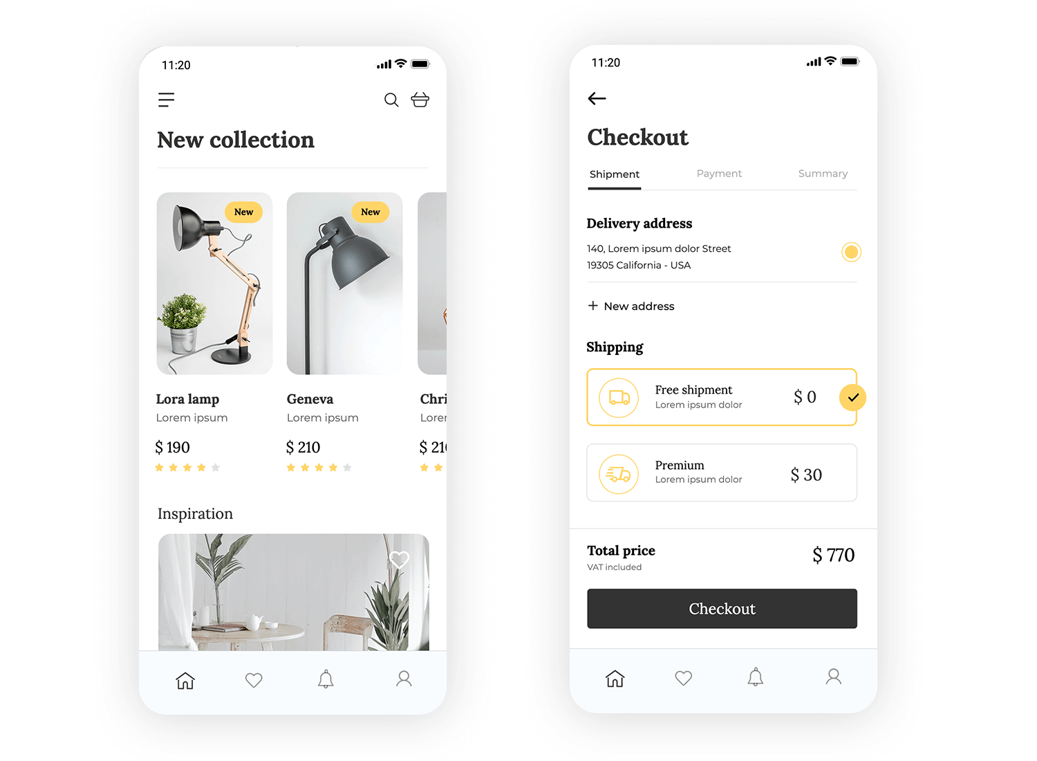 iOS app design for lamp eCommerce showcasing product listing and checkout process interface