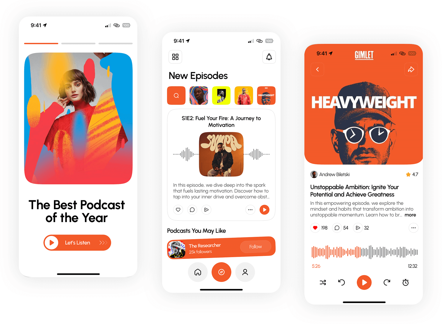 iOS app design showcasing a podcast hub with featured and new episodes