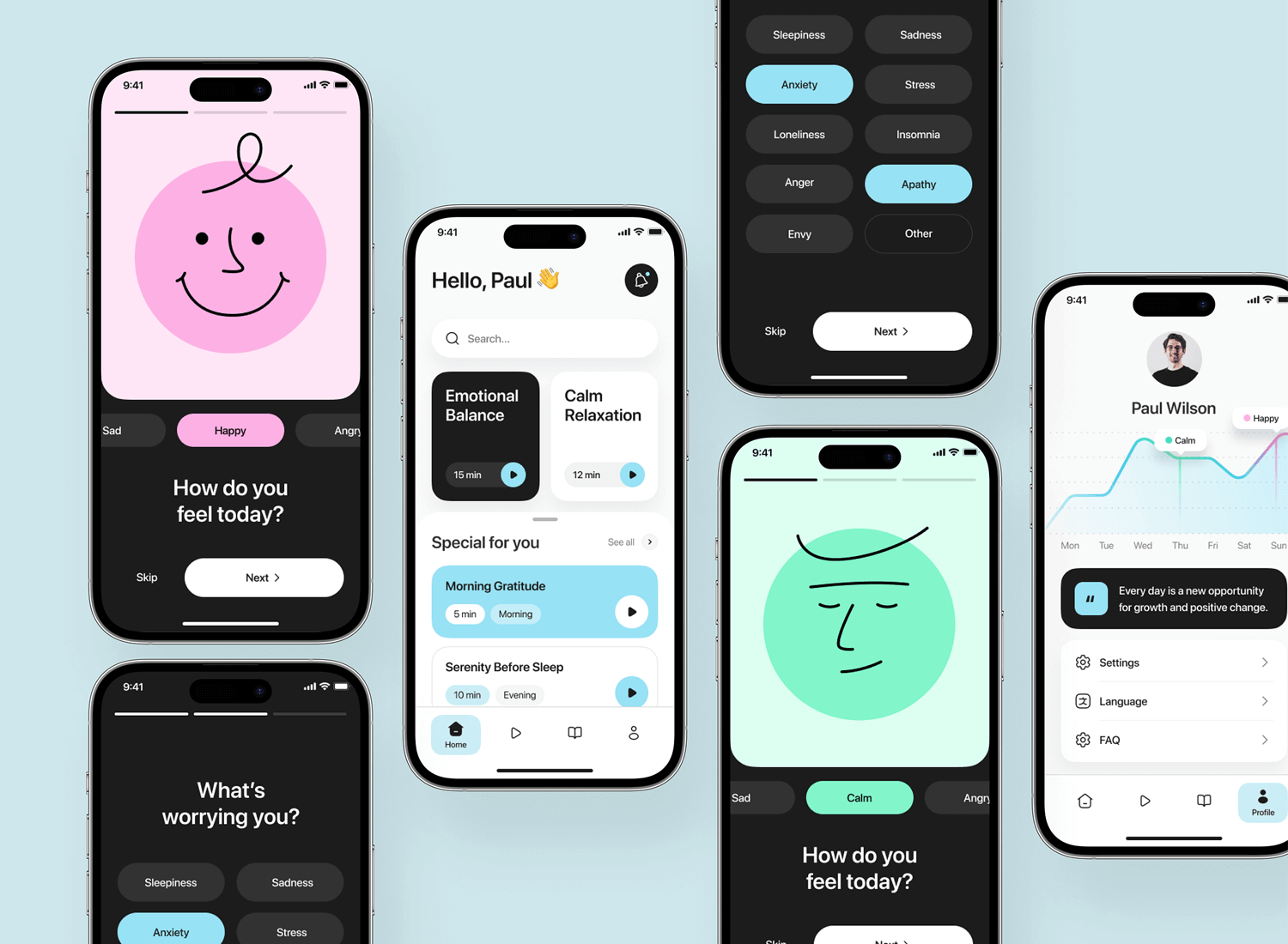 iOS app design showcasing self-care and mood tracking interface