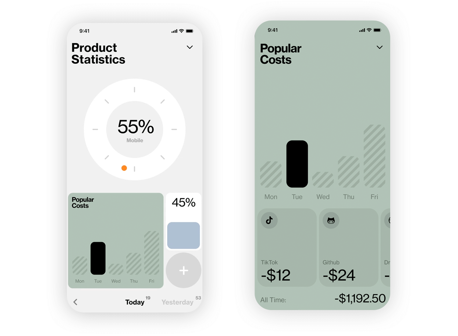 iOS app design showcasing product statistics and popular costs overview