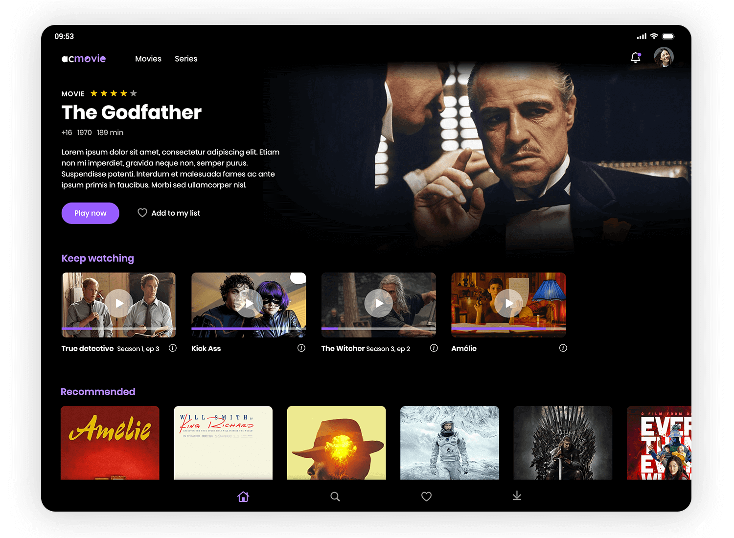 iOS app design showcasing a streaming platform on a tablet, featuring 'The Godfather' movie details and a 'Keep watching' section