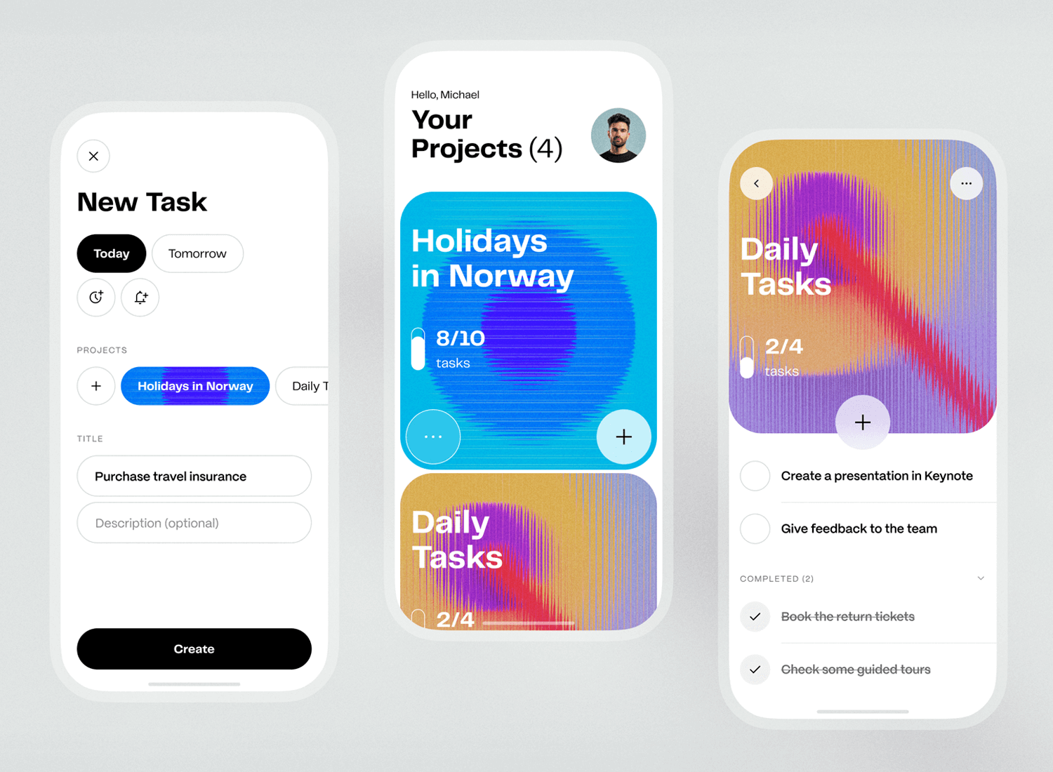 iOS app design for a to-do list showcasing task creation and project overview screens