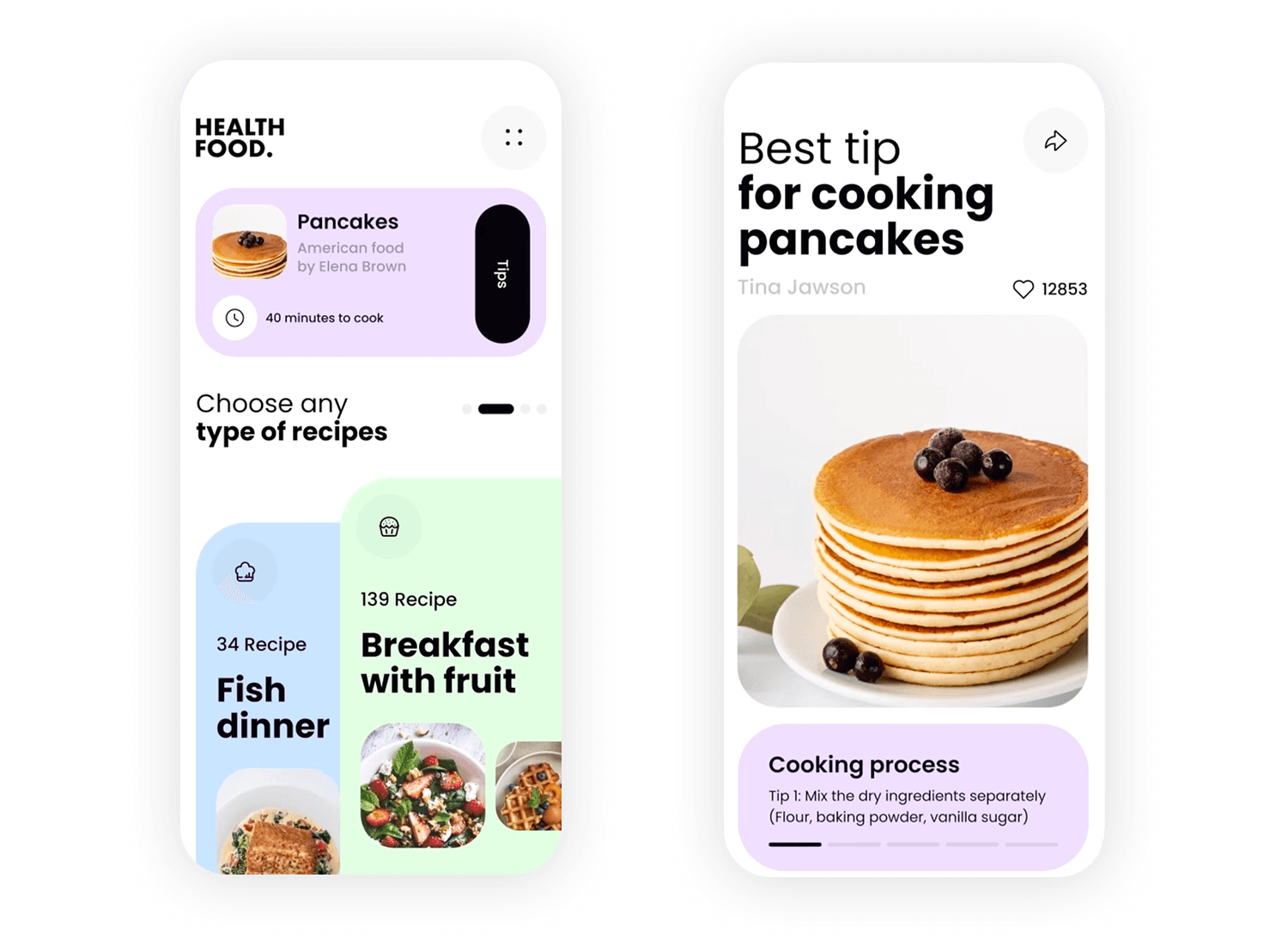 iOS app design for vegetarians featuring recipe selection and cooking tips screen