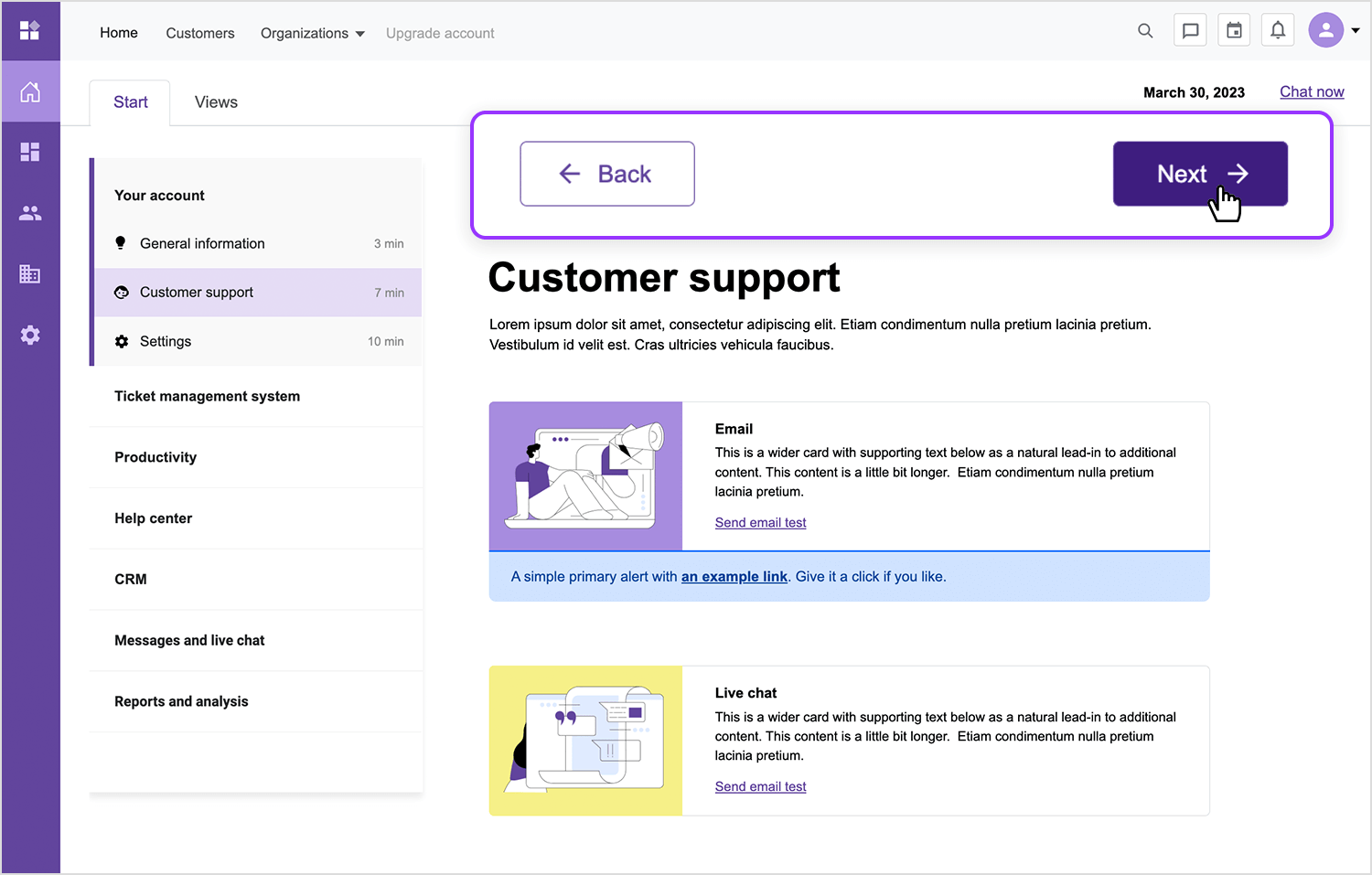 Justinmind back and next buttons example in customer support page