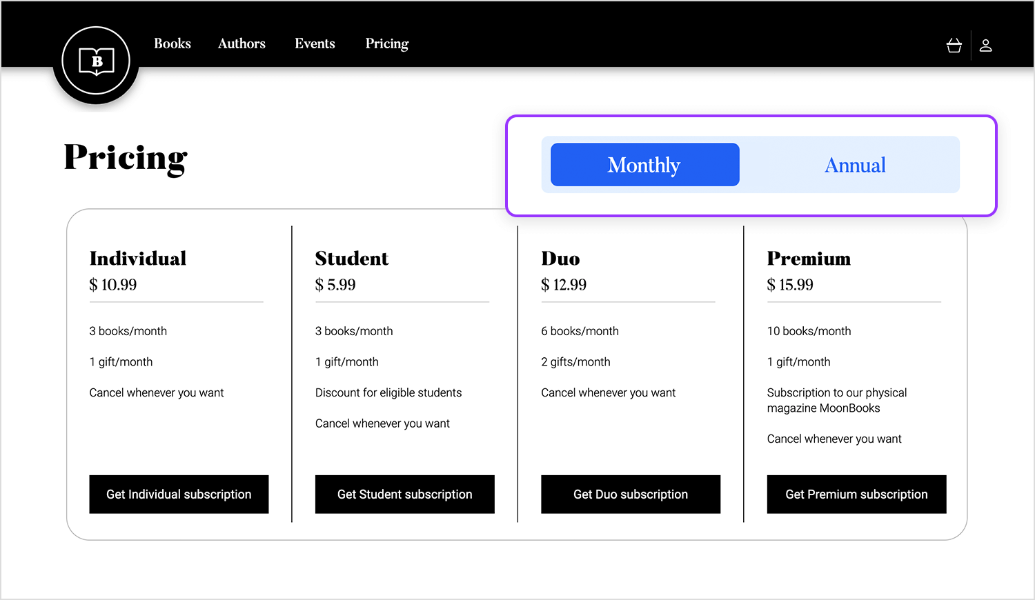 Justinmind toggle button example for monthly and annual pricing options