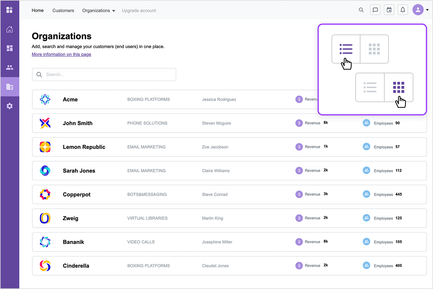 Justinmind toggle button example for grid and list view on organizations page