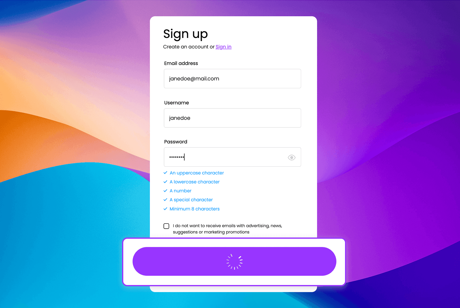 Justinmind loading animation in sign-up form