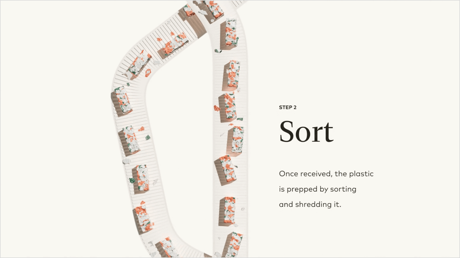 Plastic sorting process on a conveyor belt with text 'Step 2: Sort' explaining the recycling process