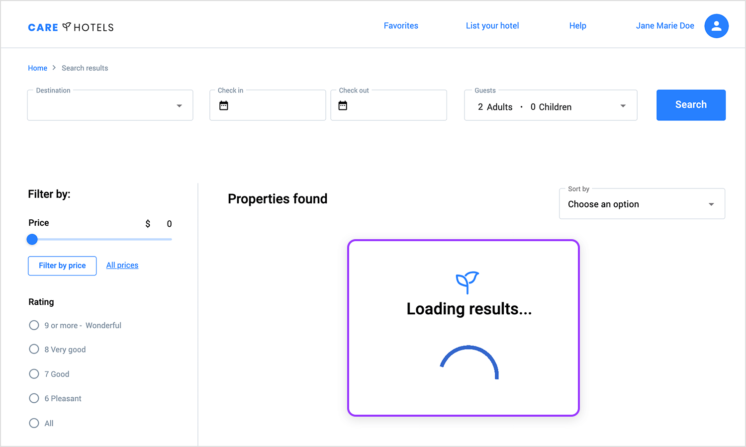 Search results loading indicator in hotel booking UI