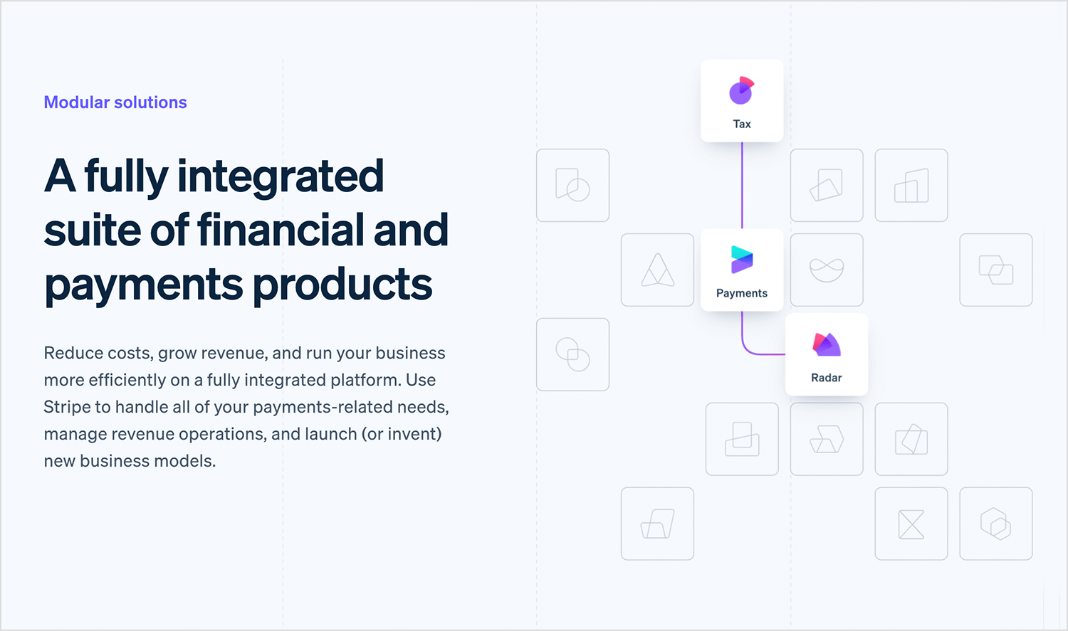 Stripe’s modular financial suite uses smooth animations to highlight key tools