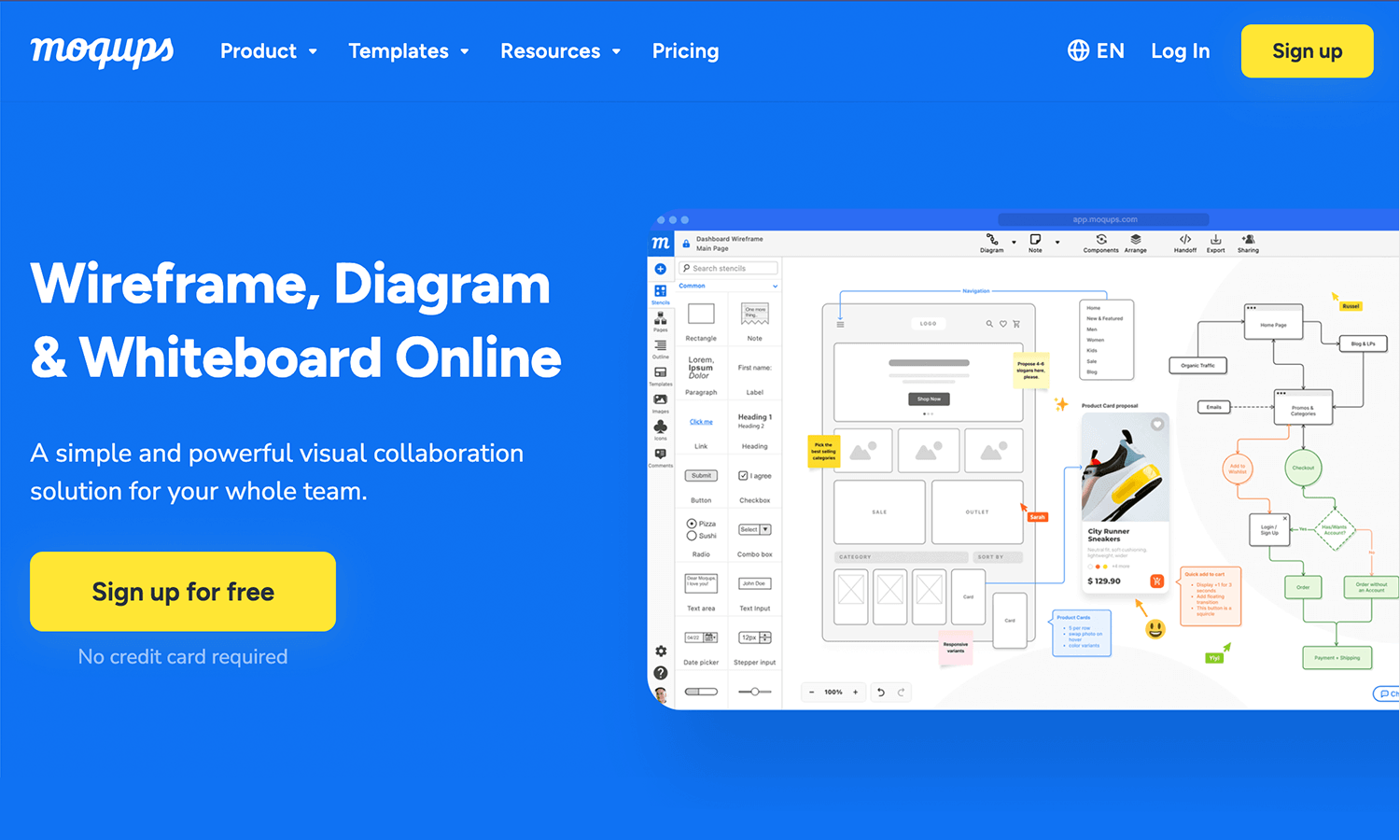 Moqups wireframing tool for UX and UI, featuring intuitive diagramming and prototyping