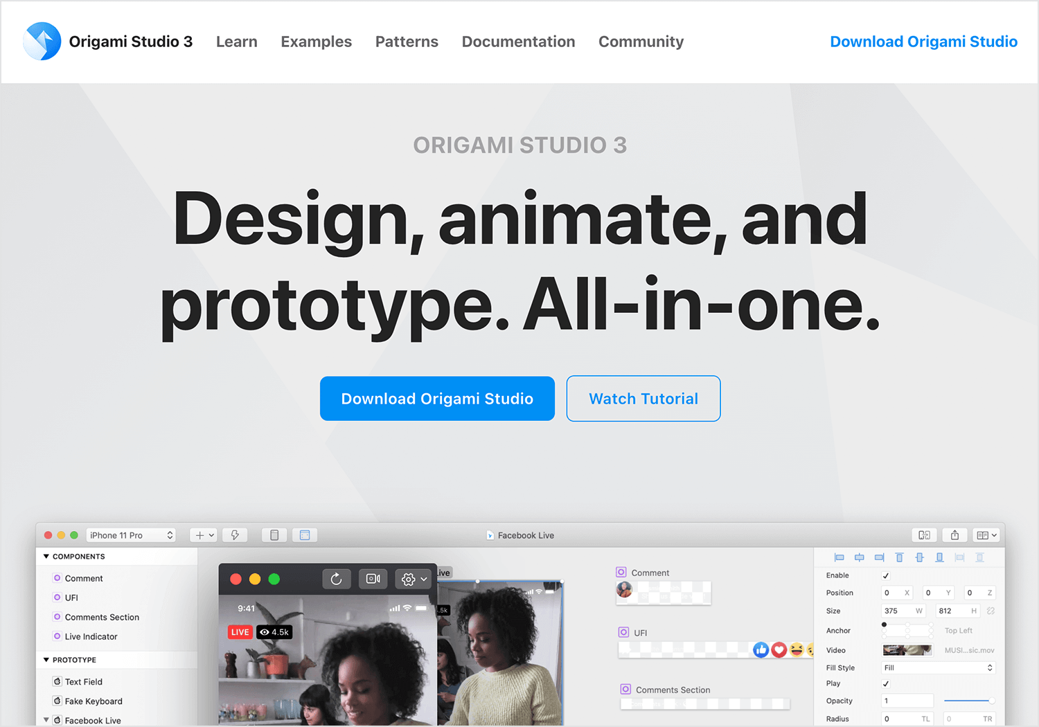 Origami Studio 3 for designing, animating, and prototyping high-fidelity user interfaces