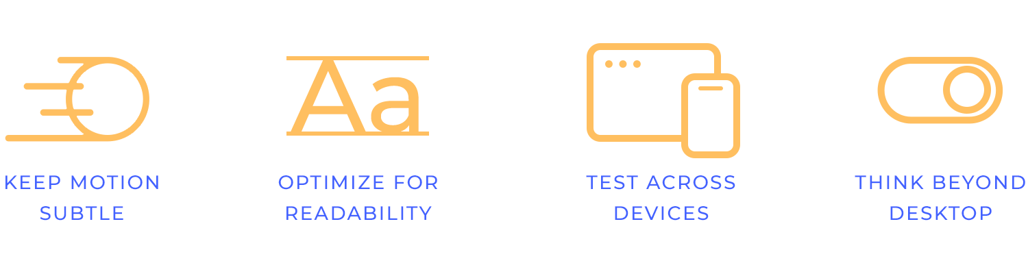 Parallax best practices icons showing keep motion subtle, optimize readability, test across devices, think beyond desktop