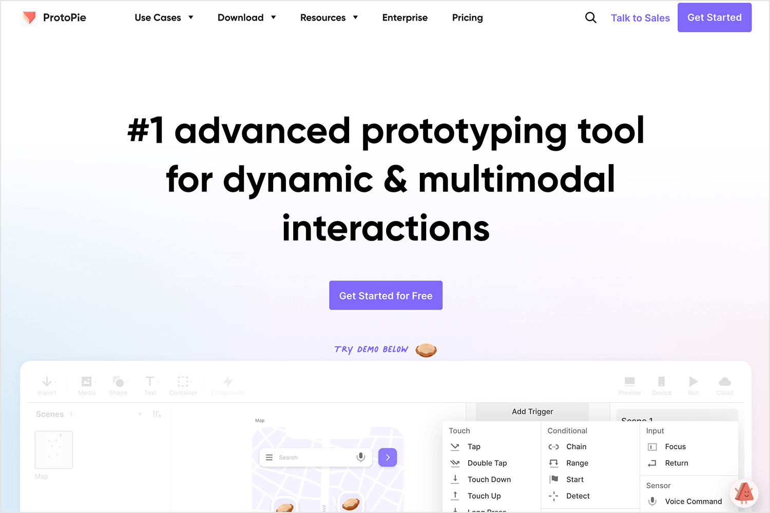 ProtoPie prototyping tool for advanced animations, logic-based interactions, and dynamic app design testing.