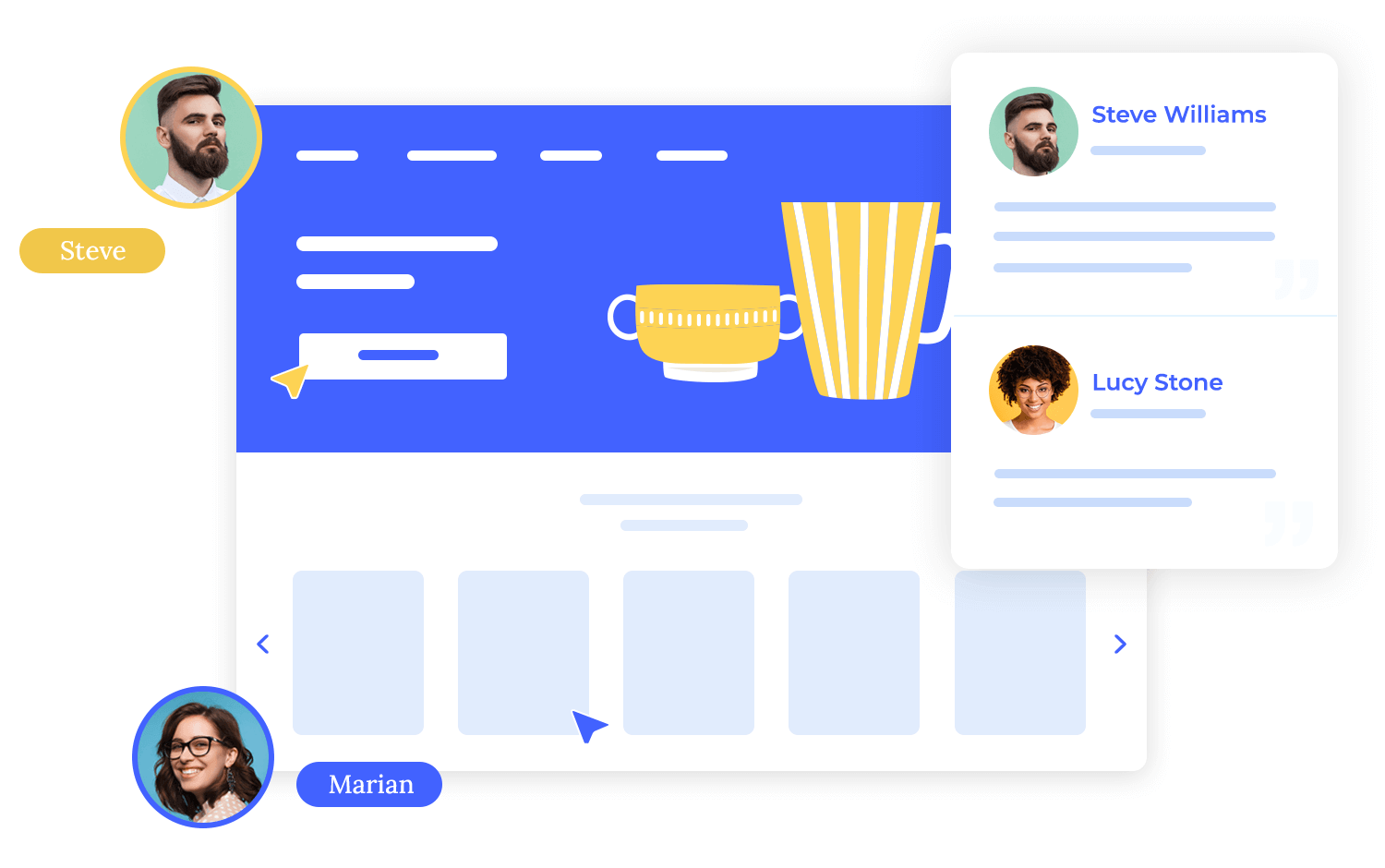 Interactive UI/UX design layout with user profiles and product elements, representing Sketch alternatives