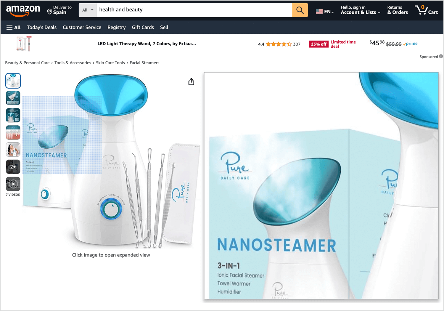 Amazon product page showcasing interactive animations for a facial steamer with multiple viewing options