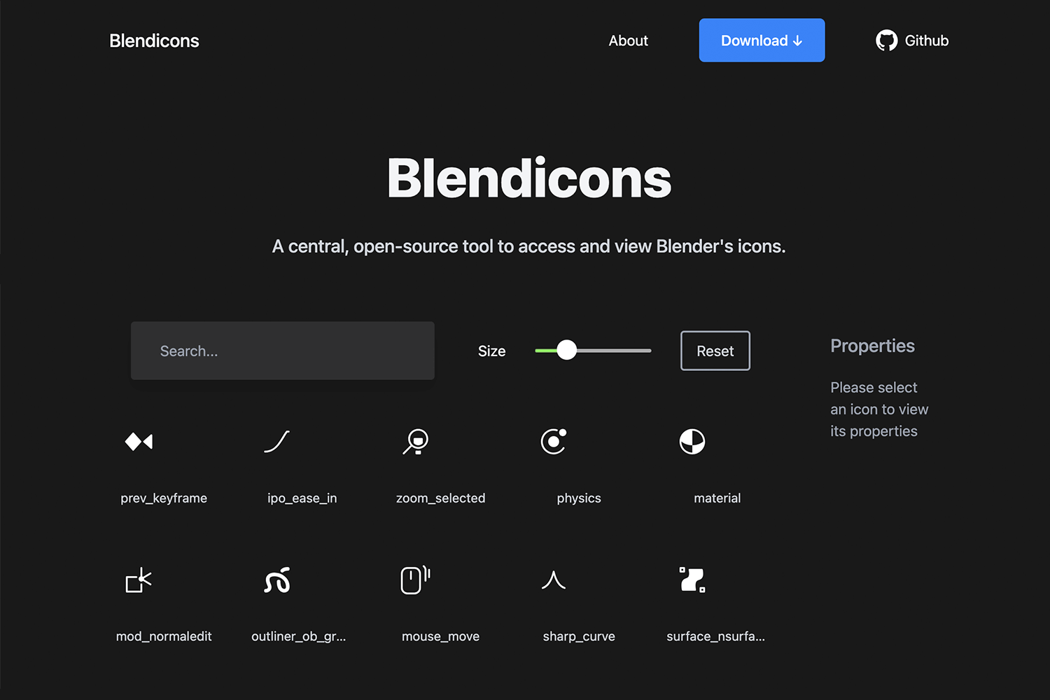 Blendicons interface with Blender's open-source icon library and size adjustment tools