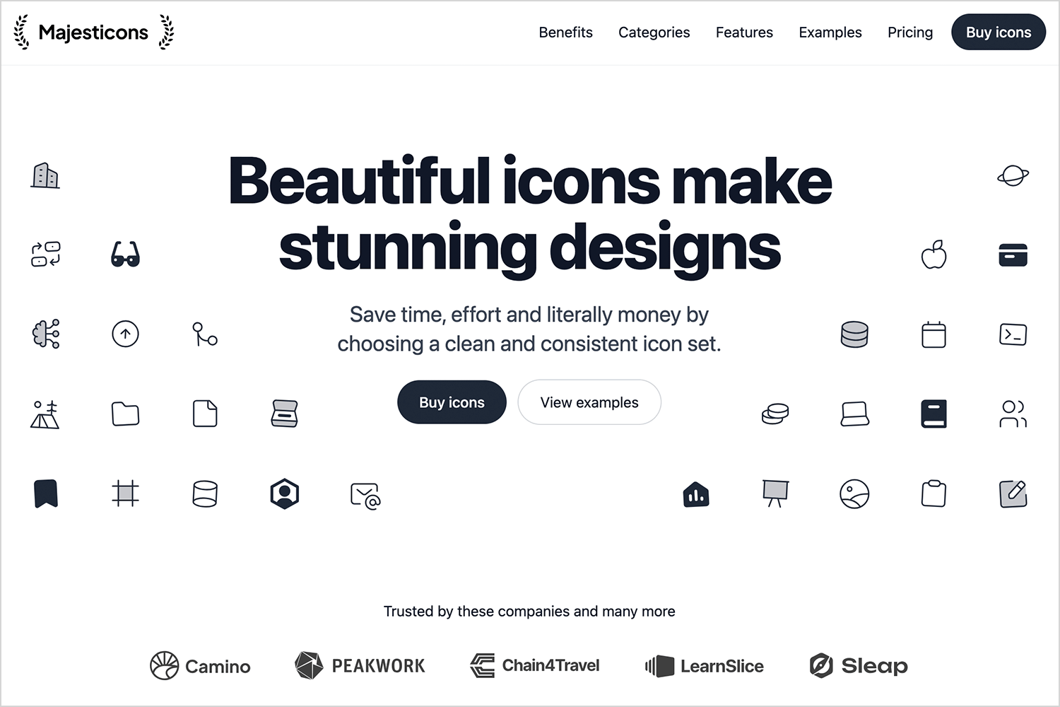 Majesticons website with clean icon samples and call-to-action buttons