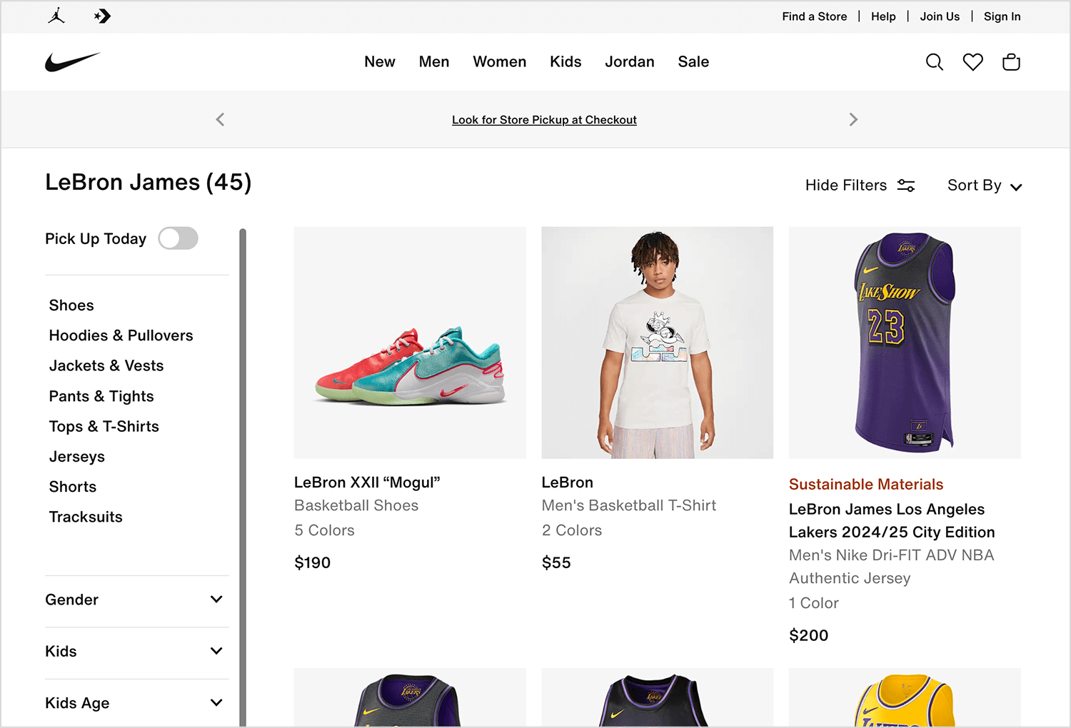 Nike web interface showcasing animations for filtering and browsing products