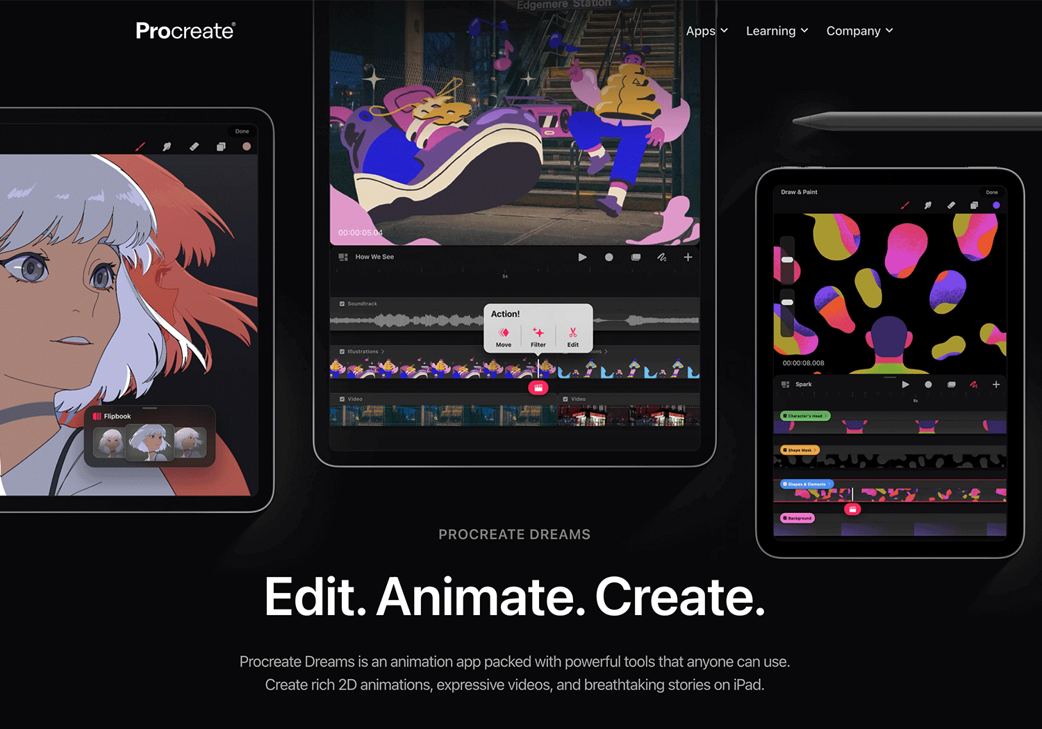 Procreate Dreams mobile UI animation tool.