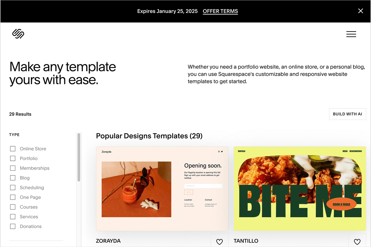 Squarespace web animation featuring customizable website templates and AI design tools.