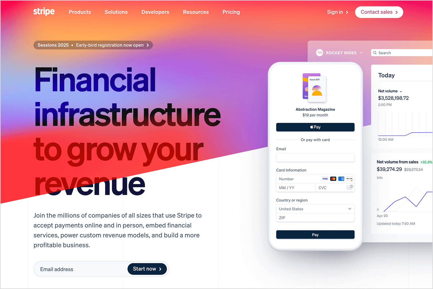 Stripe website showcasing web animation for payment solutions