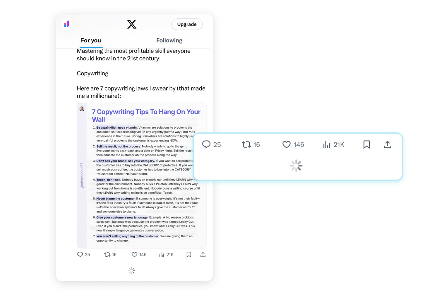 X (formerly Twitter) mobile UI animation showing interaction details like likes, retweets, and loading indicator