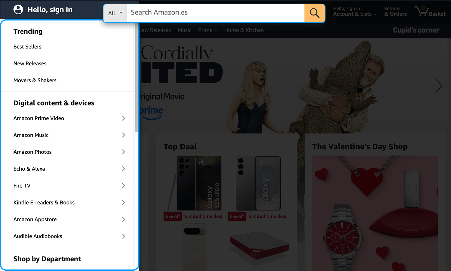 Amazon search box UI with category dropdown and navigation menu