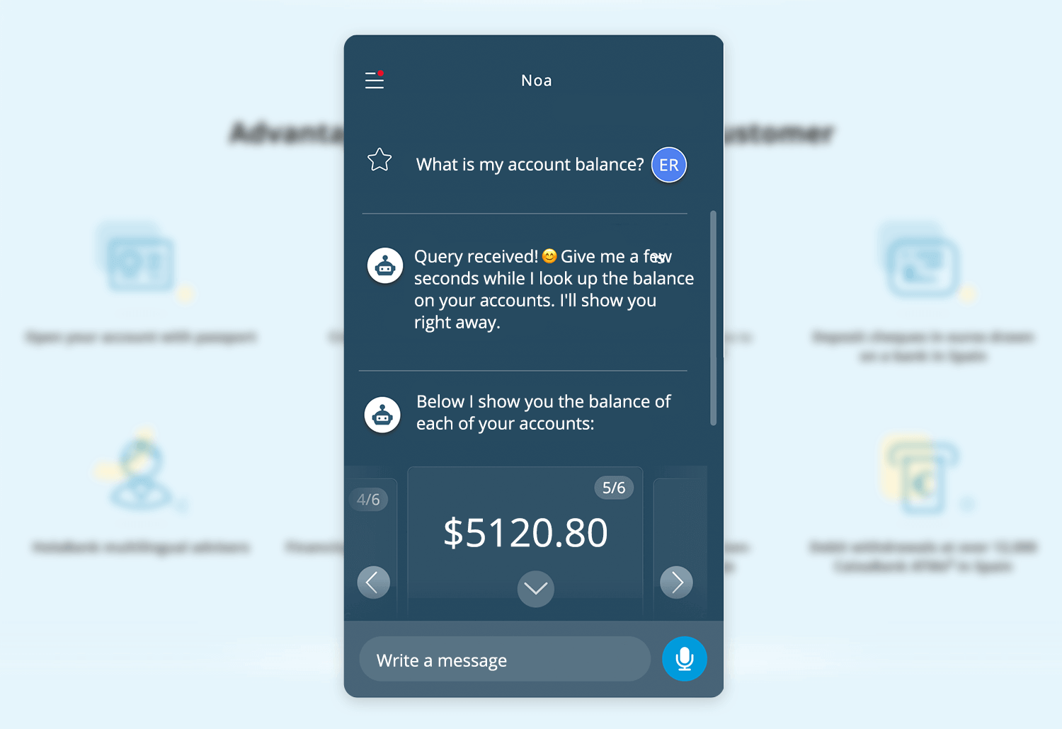 Banking chatbot displaying account balance with real-time data.