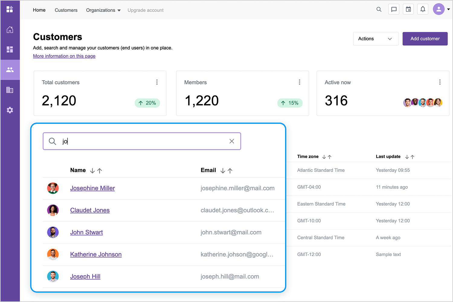 Helpdesk dashboard search box UI for customer management and user lookup