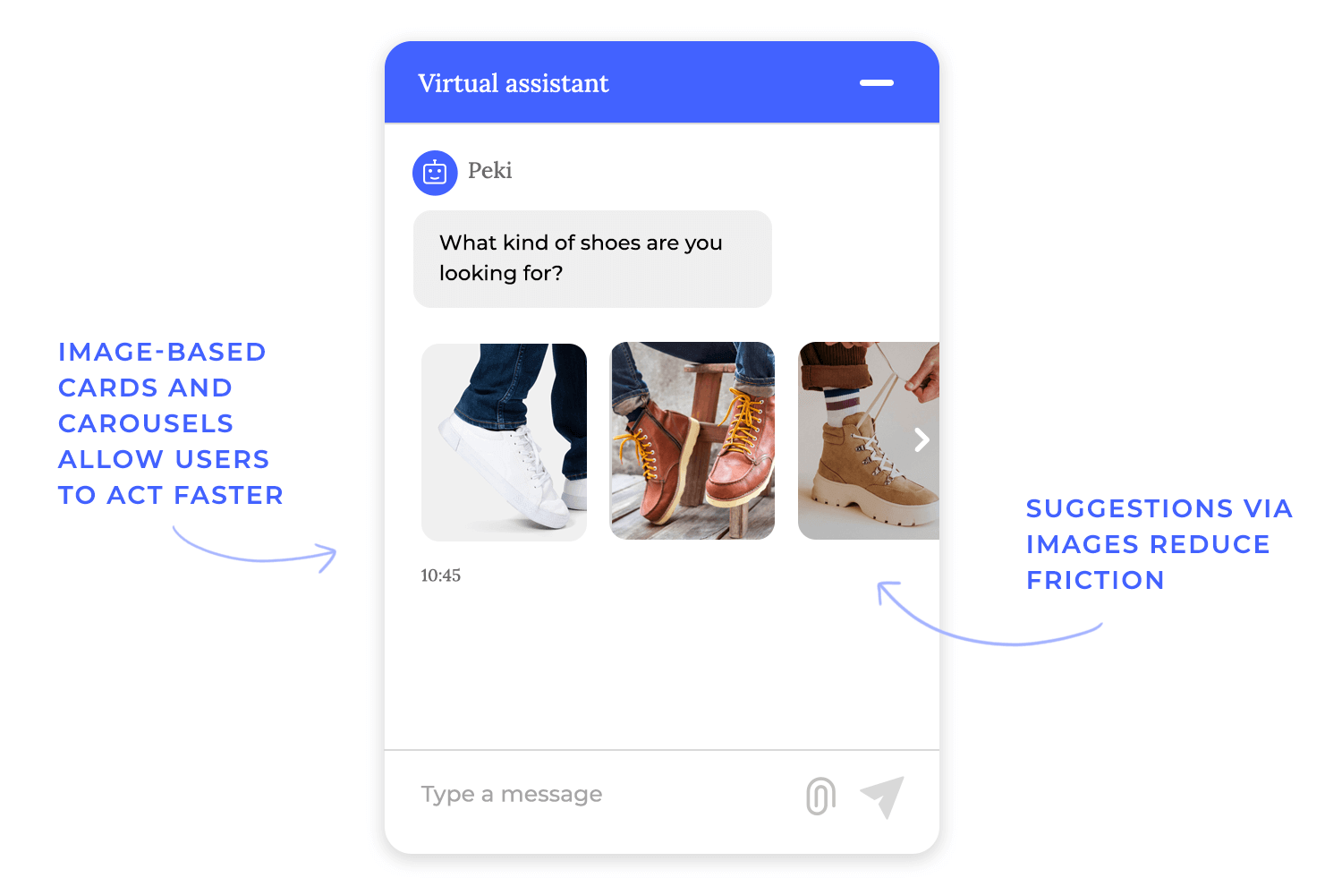 Chatbot UI with image-based carousel allowing users to browse and select products faster.