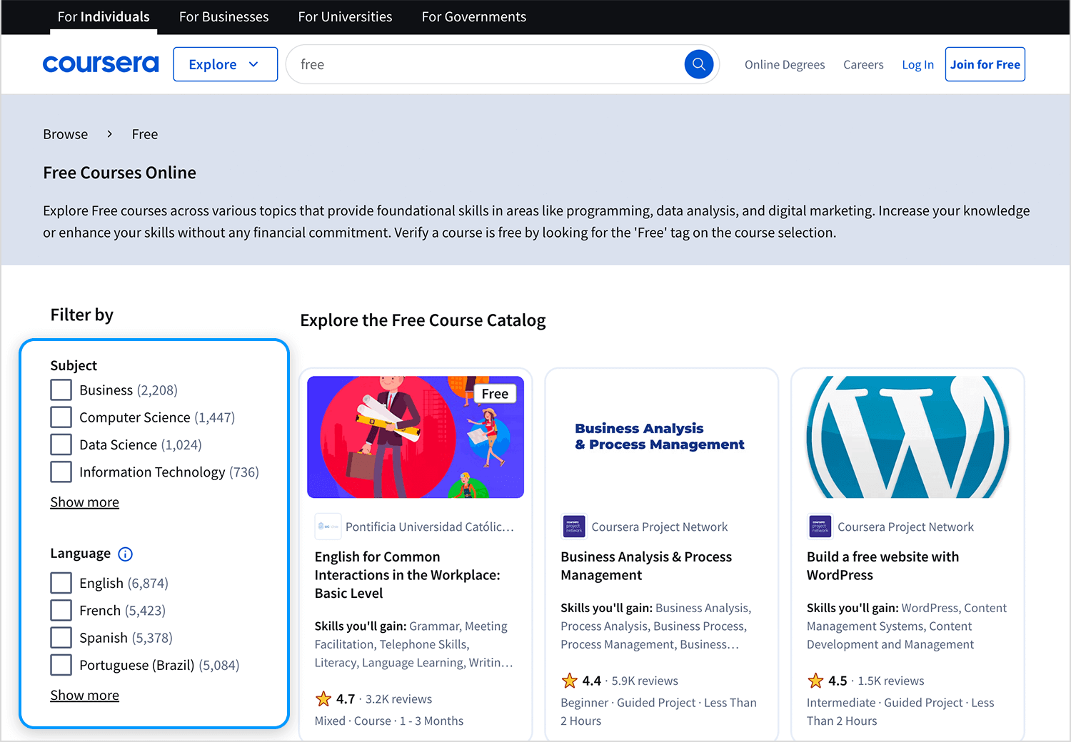 Coursera free courses search results with filters for subjects and languages, course listings, and pagination