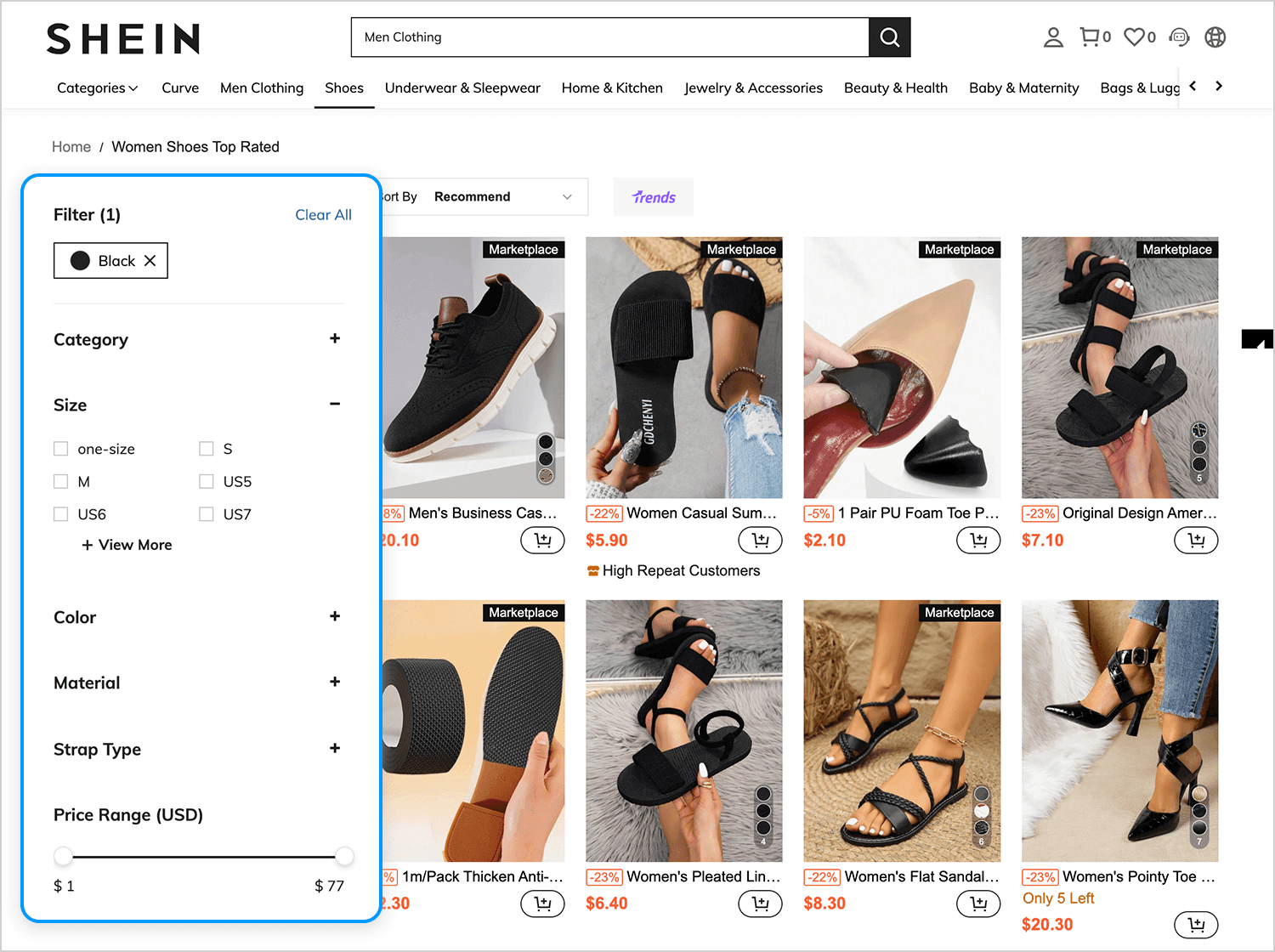 Shein’s e-commerce filters for refined product search