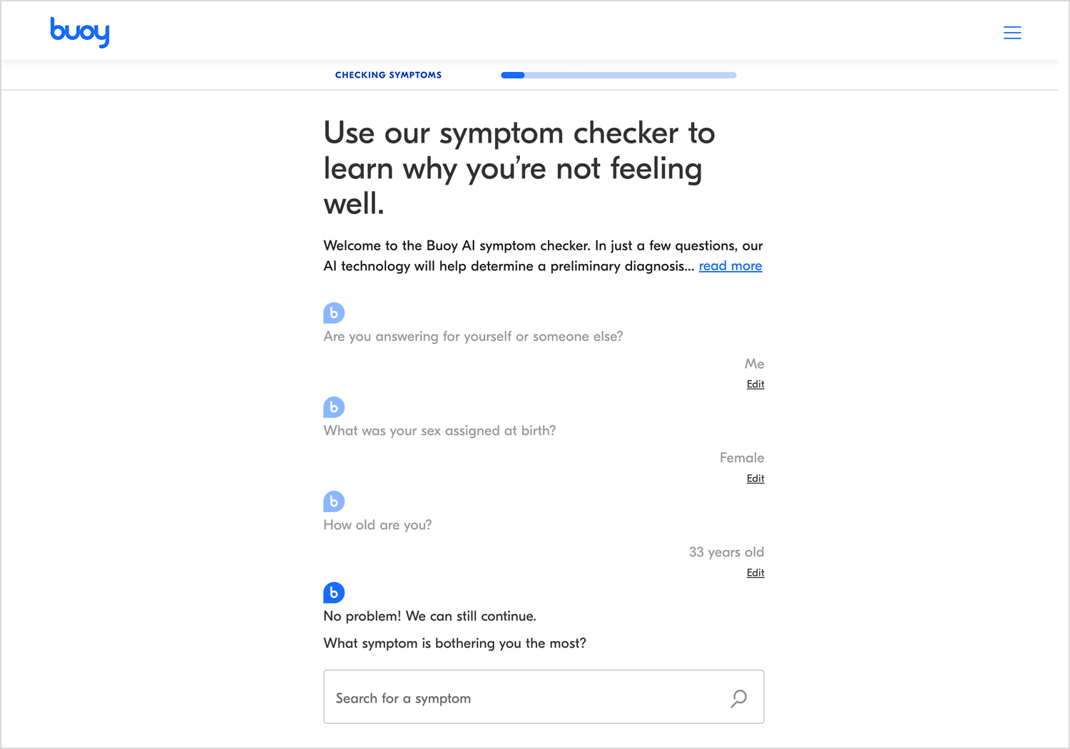 AI-powered symptom checker chatbot guiding users through health assessments.