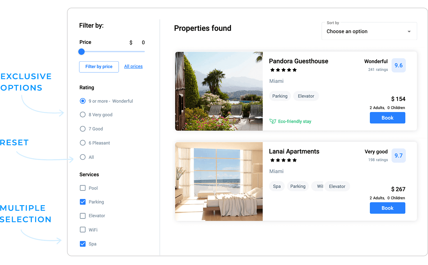 Hotel search filters with multi-selection options