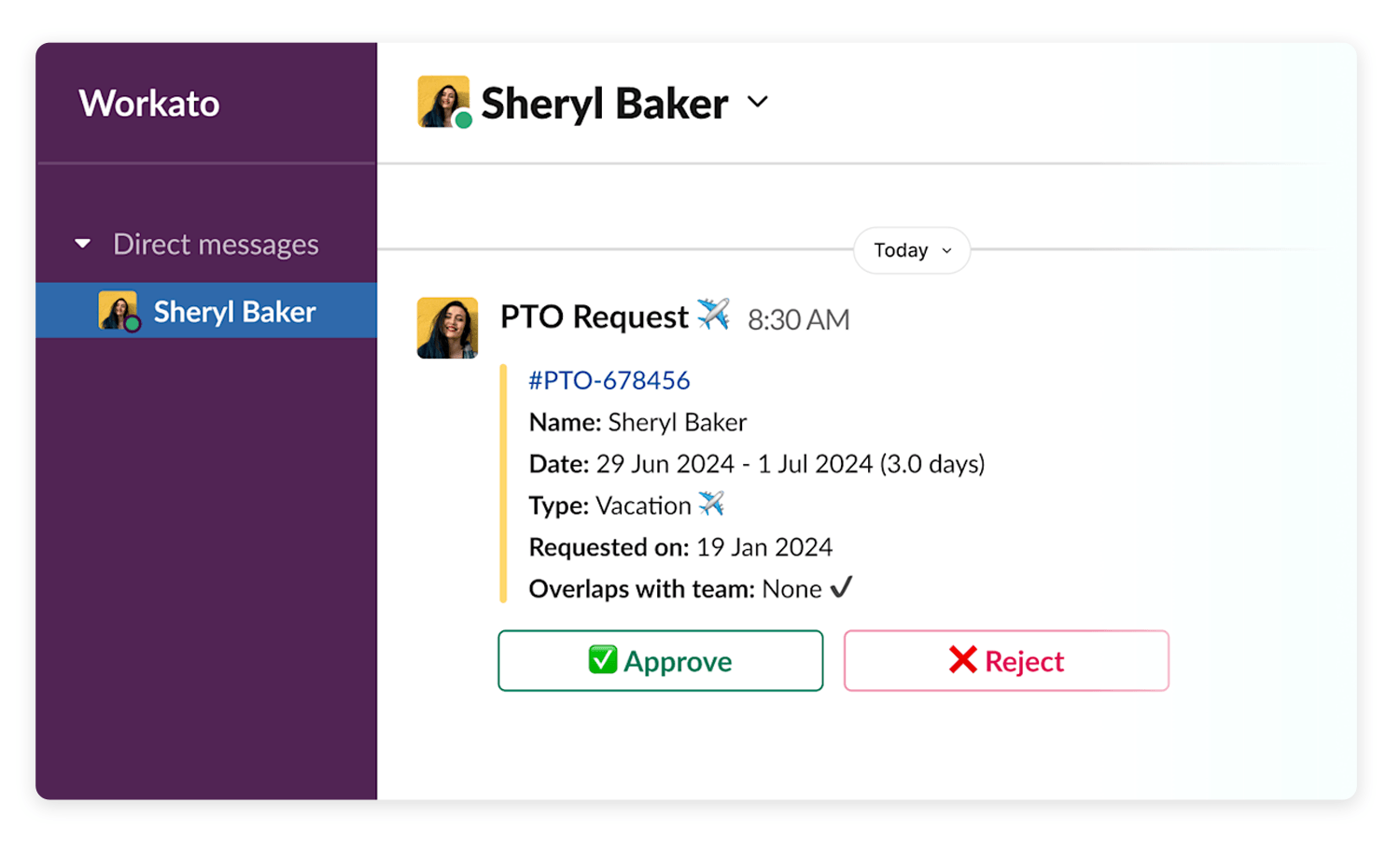 HR chatbot in Slack managing PTO requests and approvals.