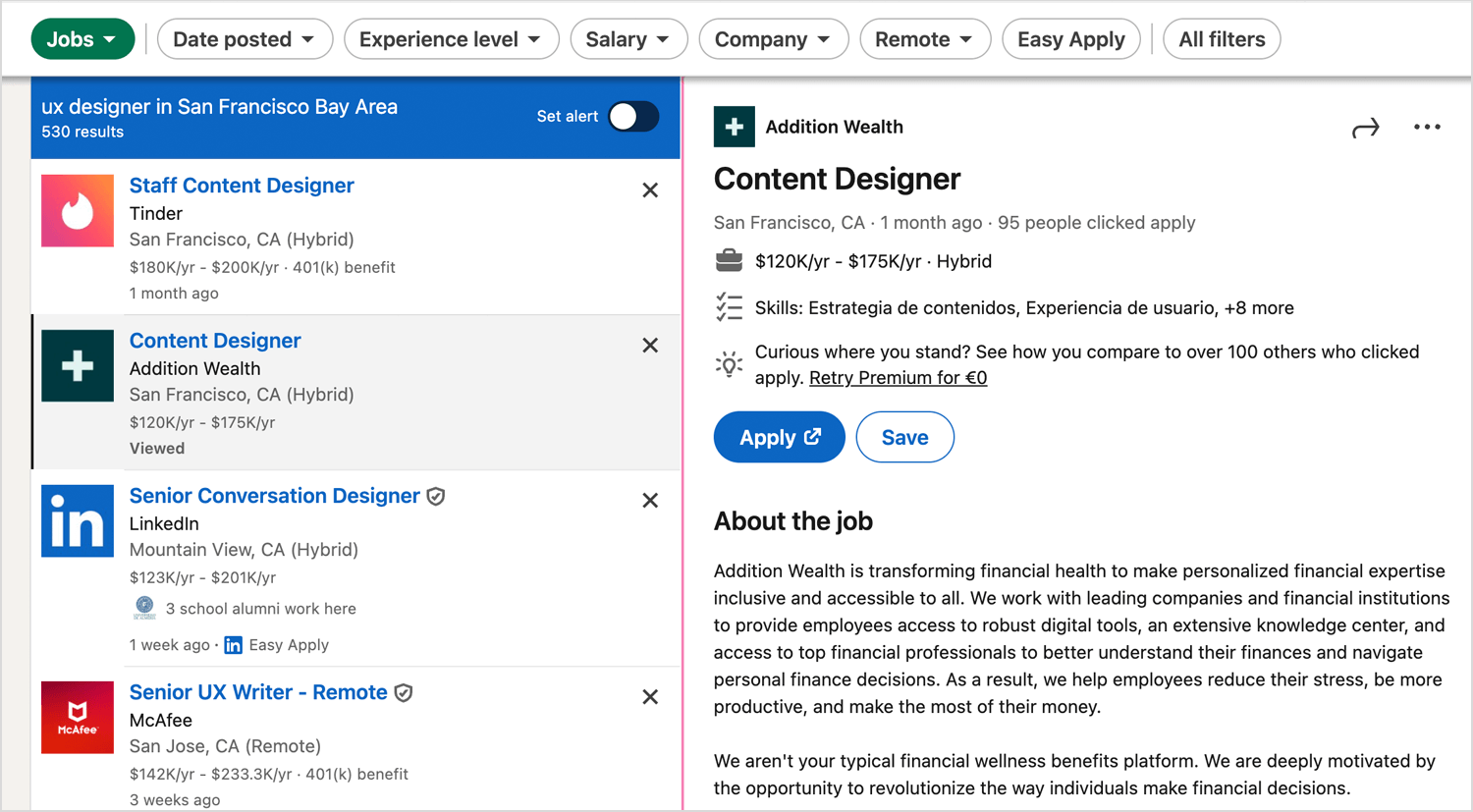 LinkedIn job search results for UX designers with filters, job listings, and pagination