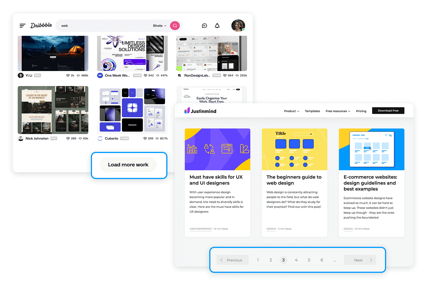 Dribbble and Justinmind pagination vs. load more button